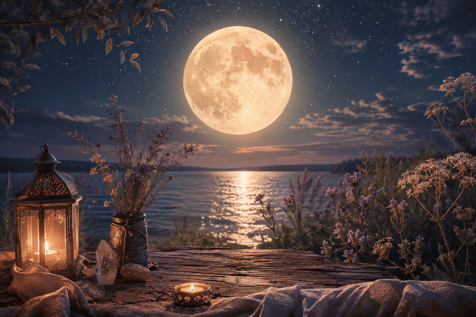 Vollmond – Im Licht der Fülle Leuchtender Vollmond über einem stillen See mit Kerzenlicht – stimmungsvolle Atmosphäre für eine Gedankenreise zur Kraft des Vollmondes.