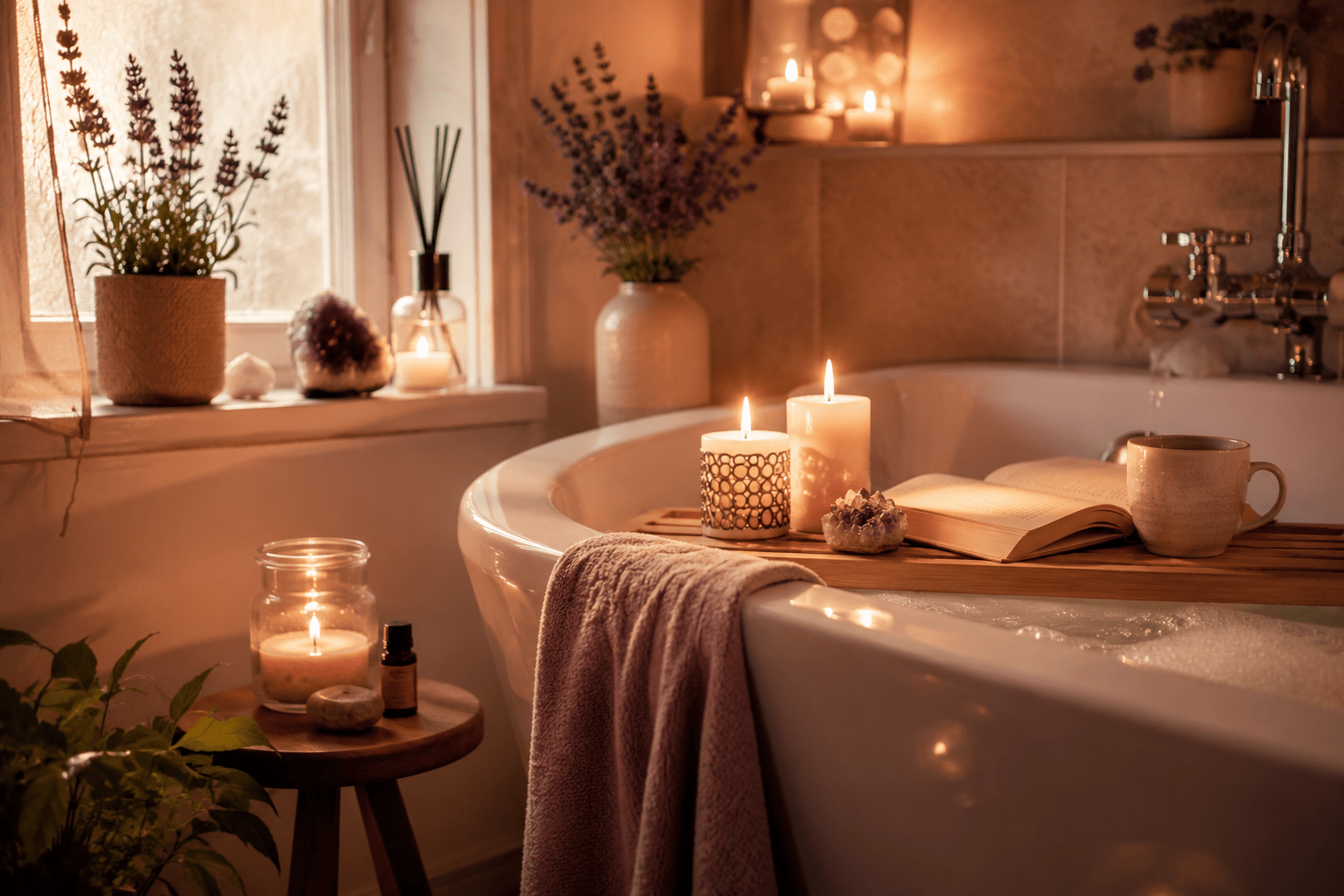 Ein Mini-Spa für Zuhause Mini-Spa zuhause mit Badewanne, Kerzen, Diffusor, Amethyst und entspannender Wohlfühlatmosphäre.