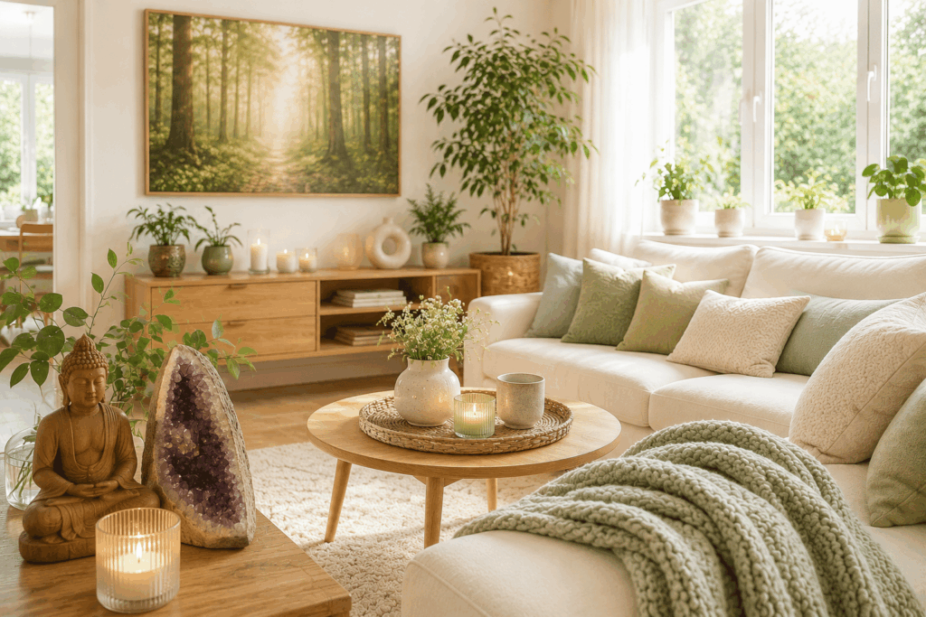 Helles, gemütliches Wohnzimmer mit Kerzen, Holzmöbeln, Buddha, Amethystdruse und natürlicher Wohlfühlatmosphäre.