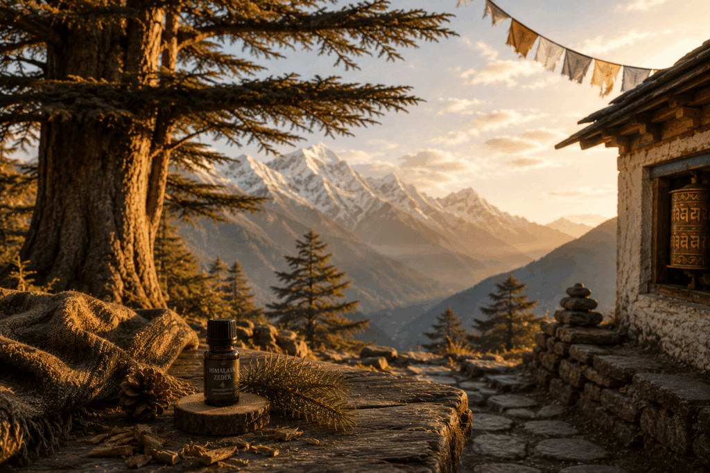Uralte Himalaya-Zeder in den Bergen des Himalayas im goldenen Morgenlicht als Symbol für Erdung, Ruhe und innere Stärke.