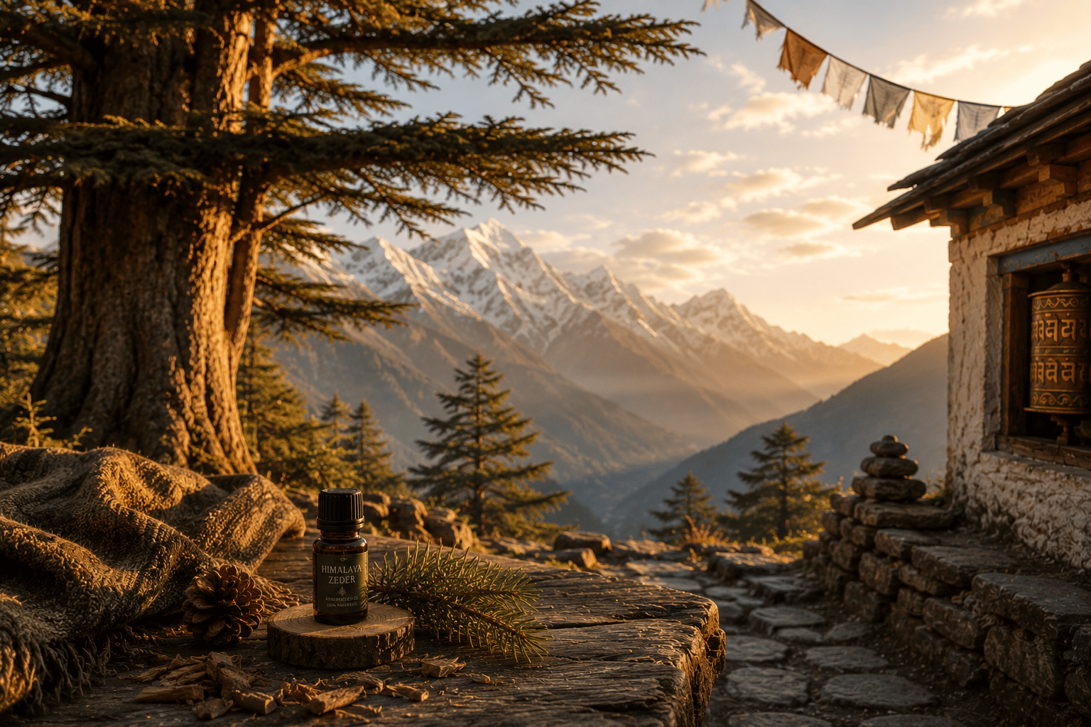 Himalaya-Zeder – Unter den alten Hütern der Berge Uralte Himalaya-Zeder in den Bergen des Himalayas im goldenen Morgenlicht als Symbol für Erdung, Ruhe und innere Stärke.