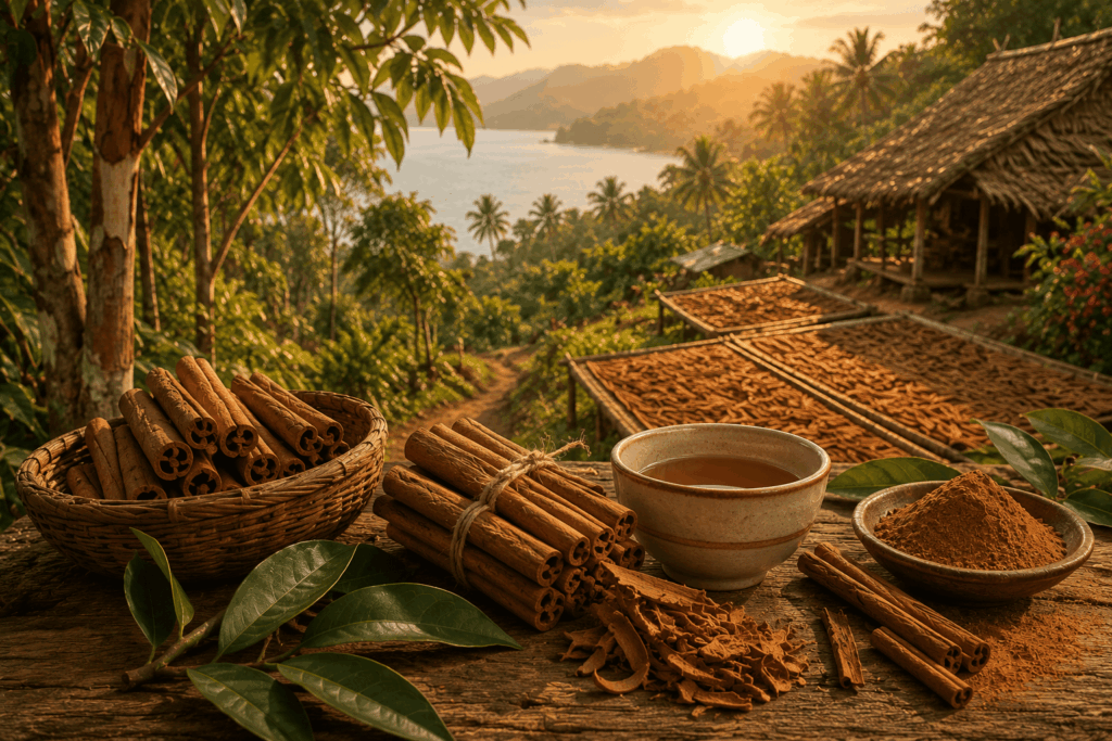 Zimtstangen auf einem Holztisch mit Blick über eine tropische Landschaft in Sri Lanka während einer stimmungsvollen Duftreise.