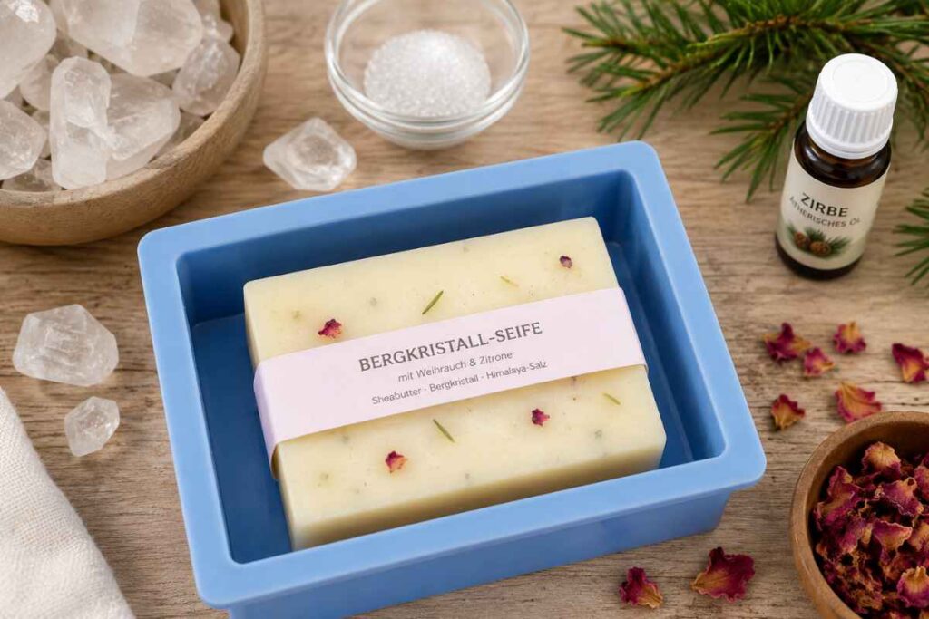 Bergkristallseife selber machen – ein besonderes Geschenk mit Weihrauch & Zitrone bergkristall seife mit zirbenöl und rosenblüten