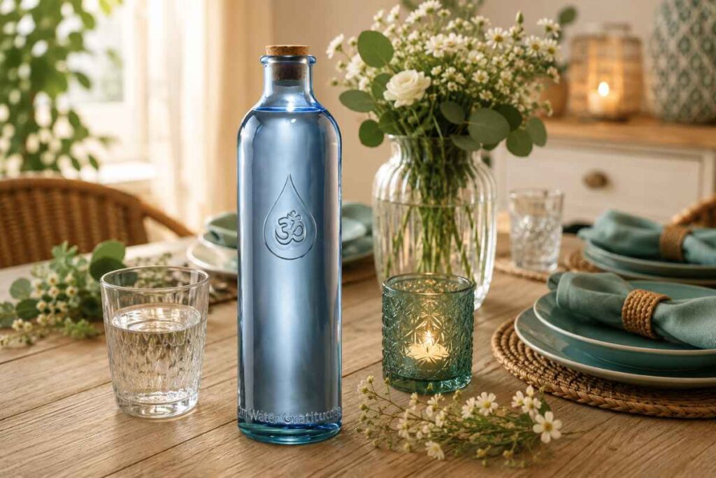 Der Esstisch – Ein Raum für lebendigen Austausch blaue dankbarkeitsflasche im kerzenschein