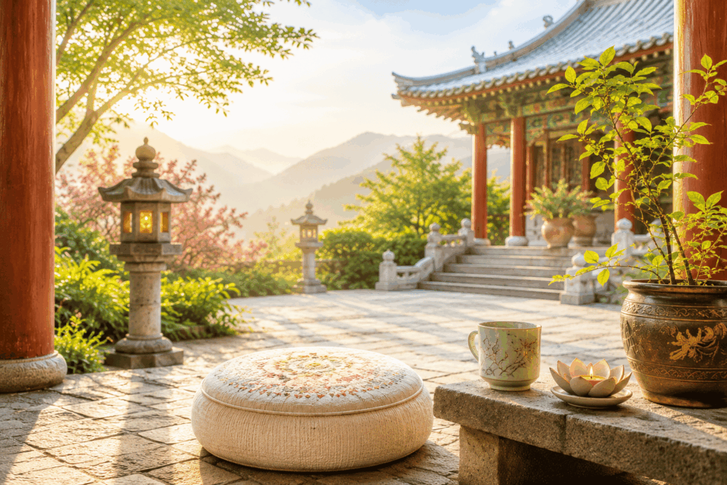 Sonniger Tempelhof in China mit Meditationskissen, Teetasse und blühenden Bäumen – Symbol für eine achtsame Qi-Gong-Reise am Morgen.