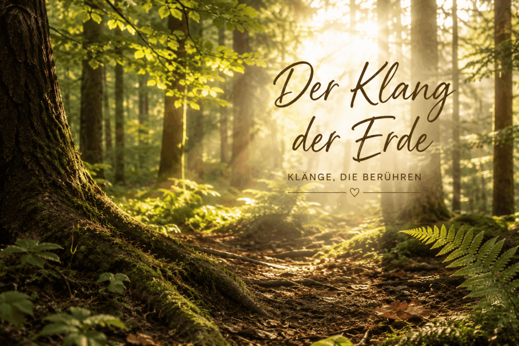 Sonnenlicht fällt durch einen alten Wald auf moosbewachsene Wurzeln – Symbol für die Kraft und den Klang der Erde.