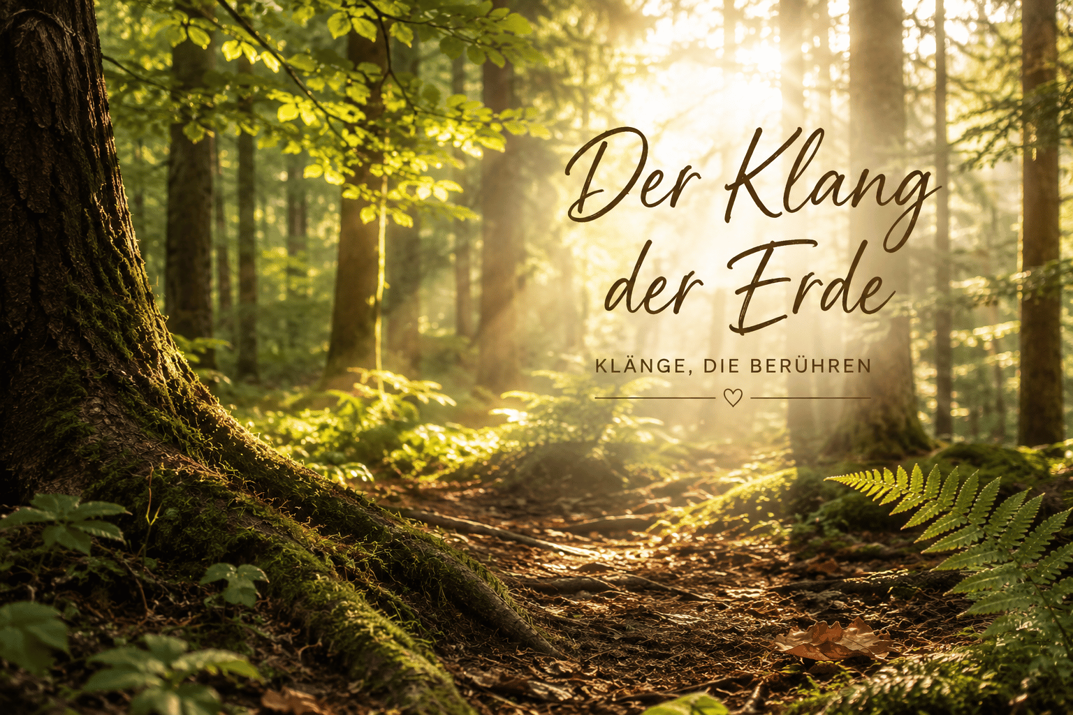 Sonnenlicht fällt durch einen alten Wald auf moosbewachsene Wurzeln – Symbol für die Kraft und den Klang der Erde.