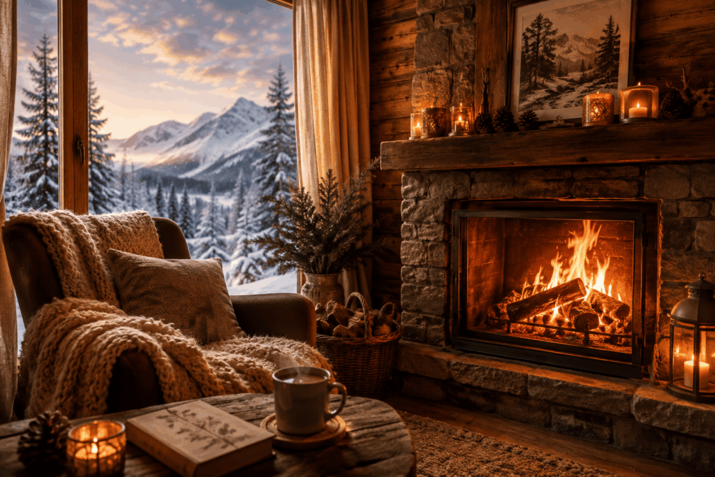 Gemütliche Berghütte mit knisterndem Kaminfeuer, weichem Sessel, warmer Decke und verschneiter Winterlandschaft vor dem Fenster – Symbol für den Klang des Feuers.