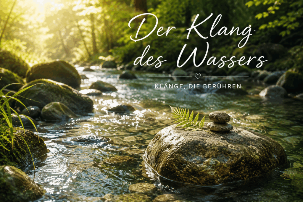 Klarer Waldbach mit moosbewachsenen Steinen im warmen Sonnenlicht – Symbol für den Klang des Wassers und die Kraft des Elements Wasser.