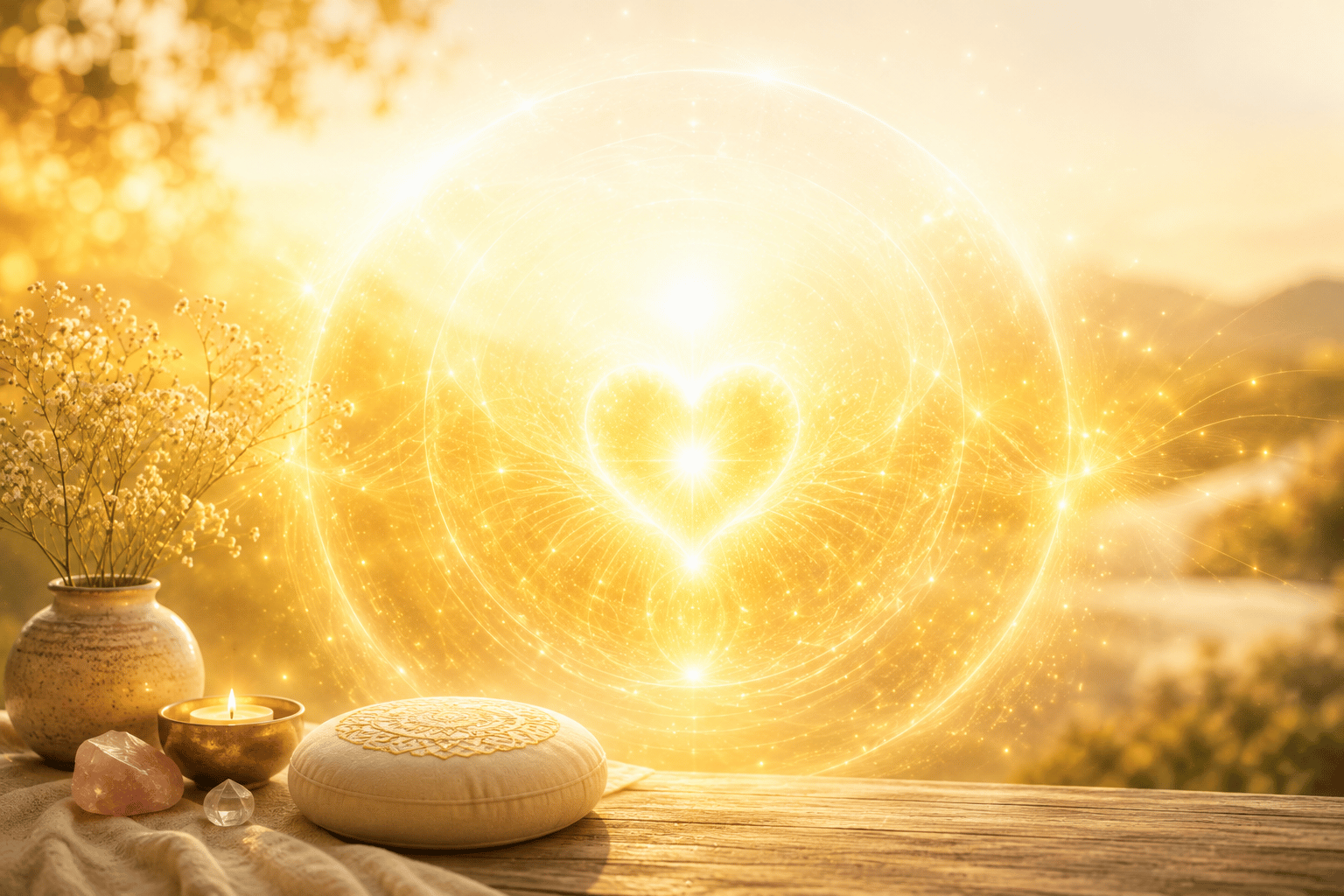 Die Schwingung der Dankbarkeit Leuchtendes Herz aus goldener Energie, umgeben von einer warmen Schwingung aus Licht – Symbol für Dankbarkeit, Herzenergie und innere Fülle.