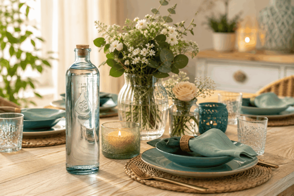 Liebevoll gedeckter Esstisch aus hellem Holz mit Blumen, Kerzen, türkisem Geschirr und OM-Wasserflasche für eine harmonische Atmosphäre.