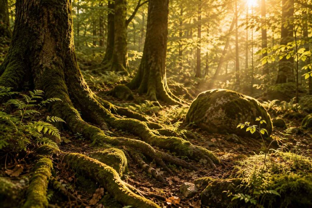 goldenes morgenlicht im moosigen zauberwald