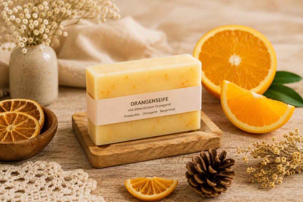 Bergkristallseife selber machen – ein besonderes Geschenk mit Weihrauch & Zitrone handgemachte orangenseife mit zitrusdeko