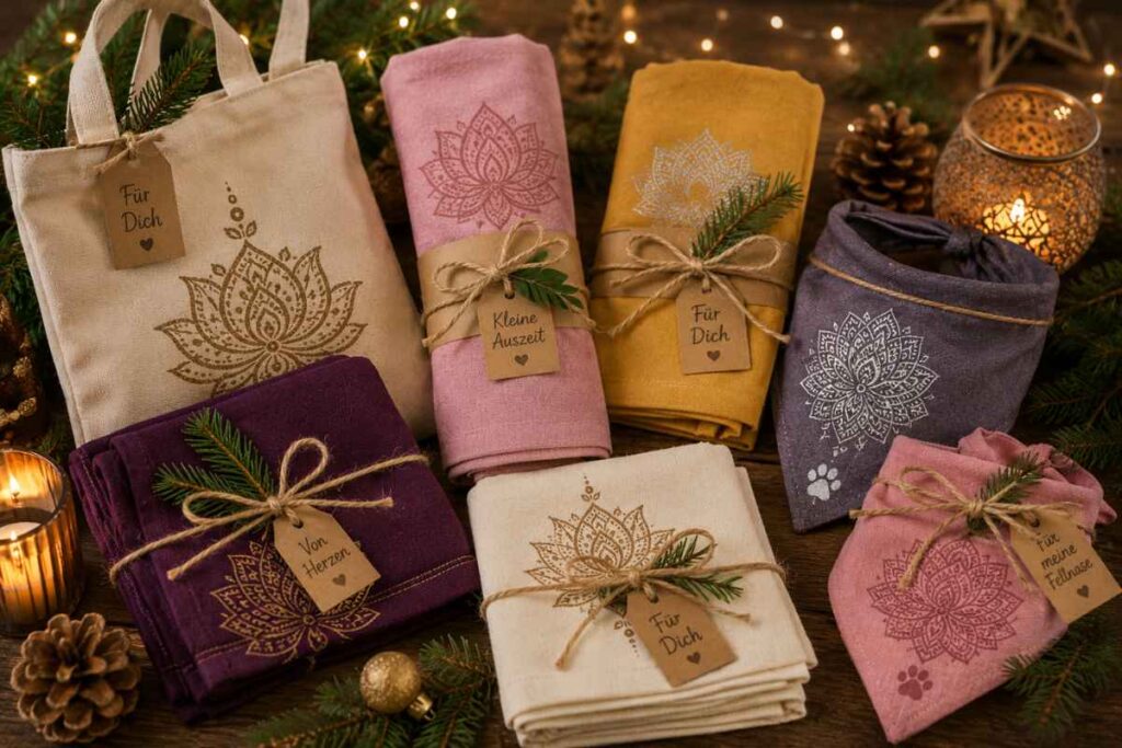 Stempeldruck auf Stoff – spirituelle Geschenkideen mit indischen Holzstempeln handgemachte weihnachtsgeschenke mit mandalas