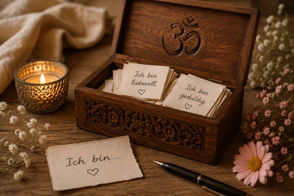 Selbstliebe Kästchen mit Ich bin Zetteln und OM Symbol