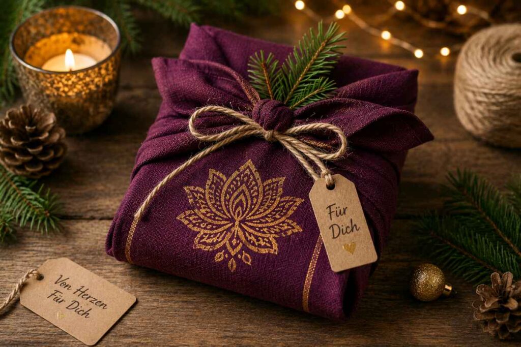 Stempeldruck auf Stoff – spirituelle Geschenkideen mit indischen Holzstempeln lotus muster auf geschenktasche