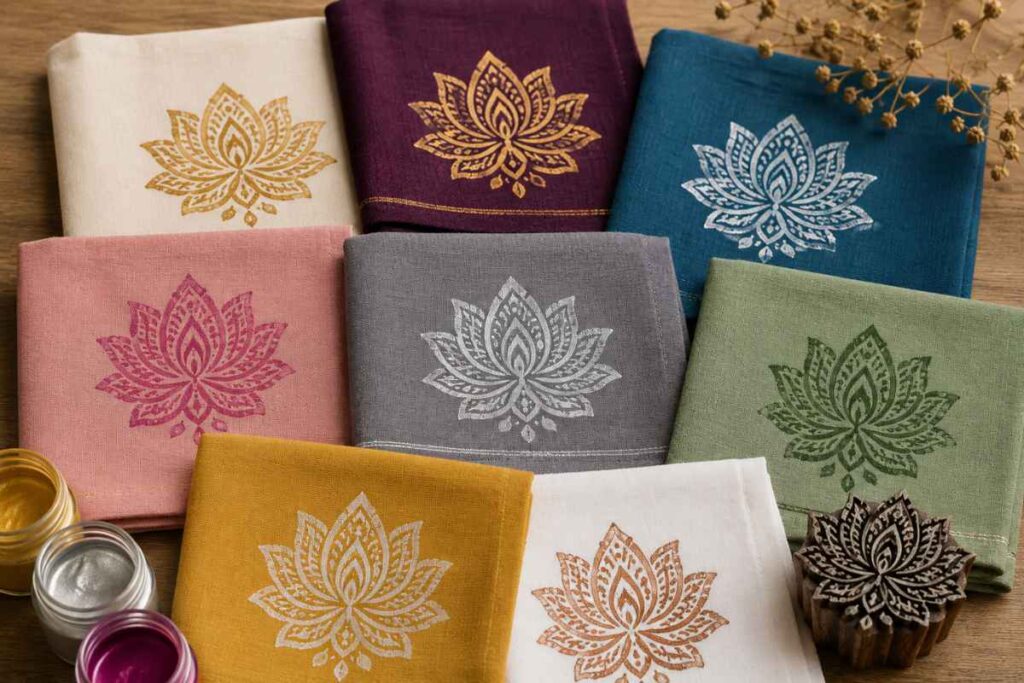 Stempeldruck auf Stoff – spirituelle Geschenkideen mit indischen Holzstempeln lotus muster auf bunten leinenstoffen