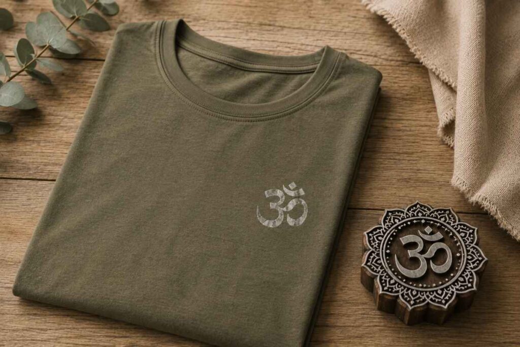 Stempeldruck auf Stoff – spirituelle Geschenkideen mit indischen Holzstempeln olivegrünes om shirt