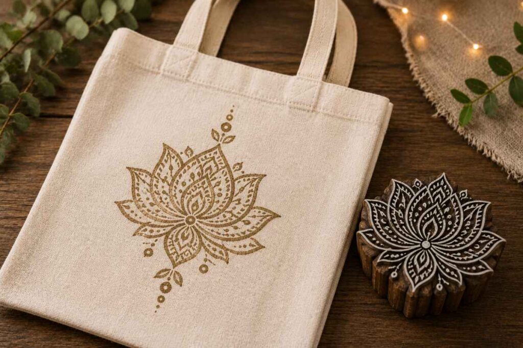 Stempeldruck auf Stoff – spirituelle Geschenkideen mit indischen Holzstempeln tragetasche mit mandalas