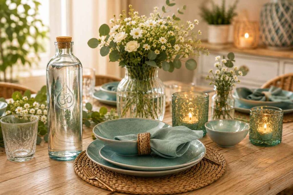 Der Esstisch – Ein Raum für lebendigen Austausch warme aqua tischdekoration mit blumen und kerzen