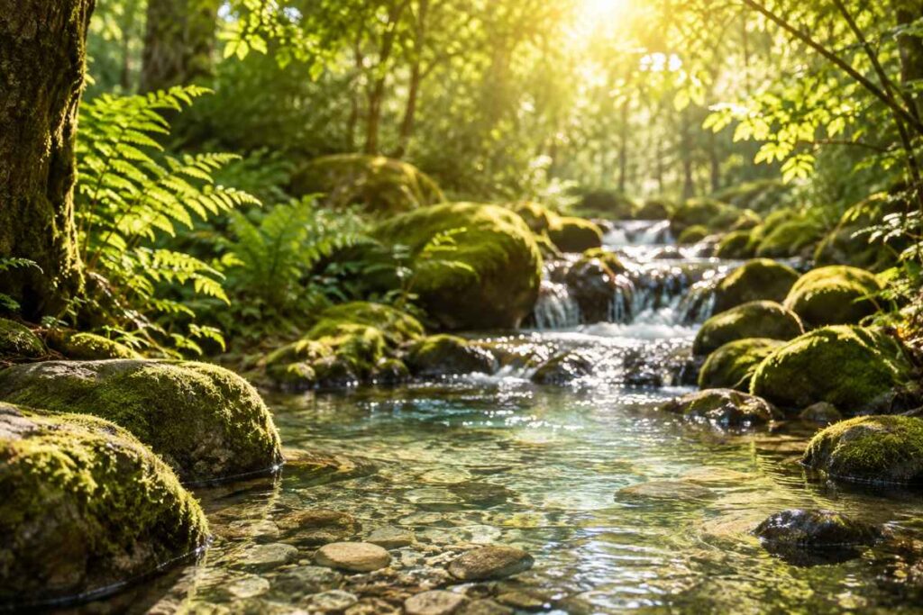 Der Klang des Wassers wasserlauf in sonnigem wald