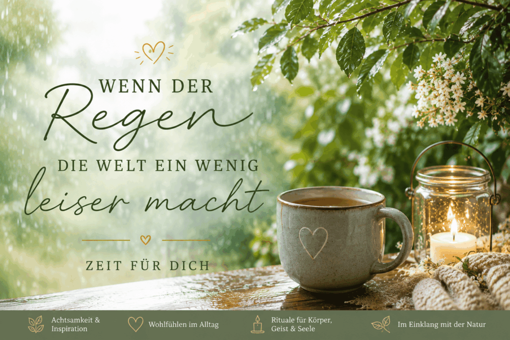 Regentropfen auf Blättern, eine Kerze und eine Tasse Tee – eine ruhige Auszeit in der Natur.