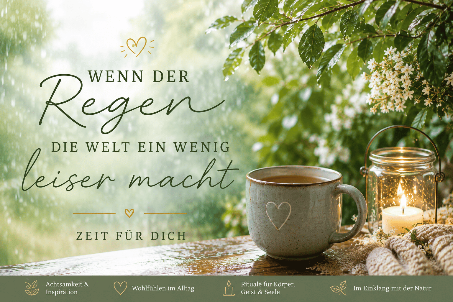 Regentropfen auf Blättern, eine Kerze und eine Tasse Tee – eine ruhige Auszeit in der Natur.