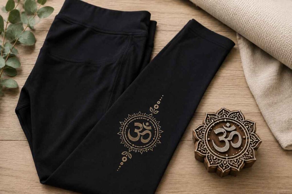 Stempeldruck auf Stoff – spirituelle Geschenkideen mit indischen Holzstempeln yoga leggings mit om mandala und holzstempel
